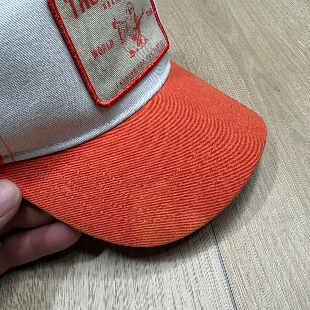 True Religion Mens World Tour Trucker Hat Orange White Buddha Logo Snapback Cap